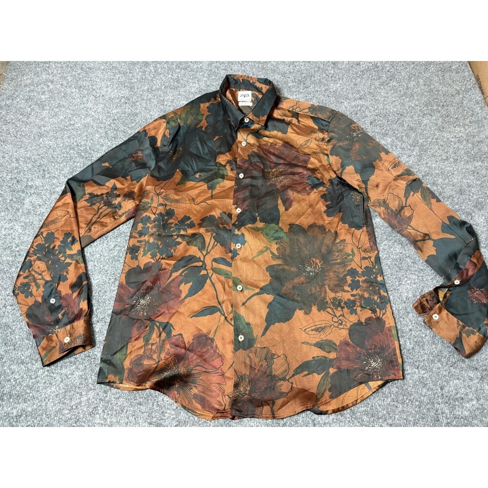 Zara Shirt Mens L Brown Floral Long Sleeve Relaxed Fit Button-Up Casual